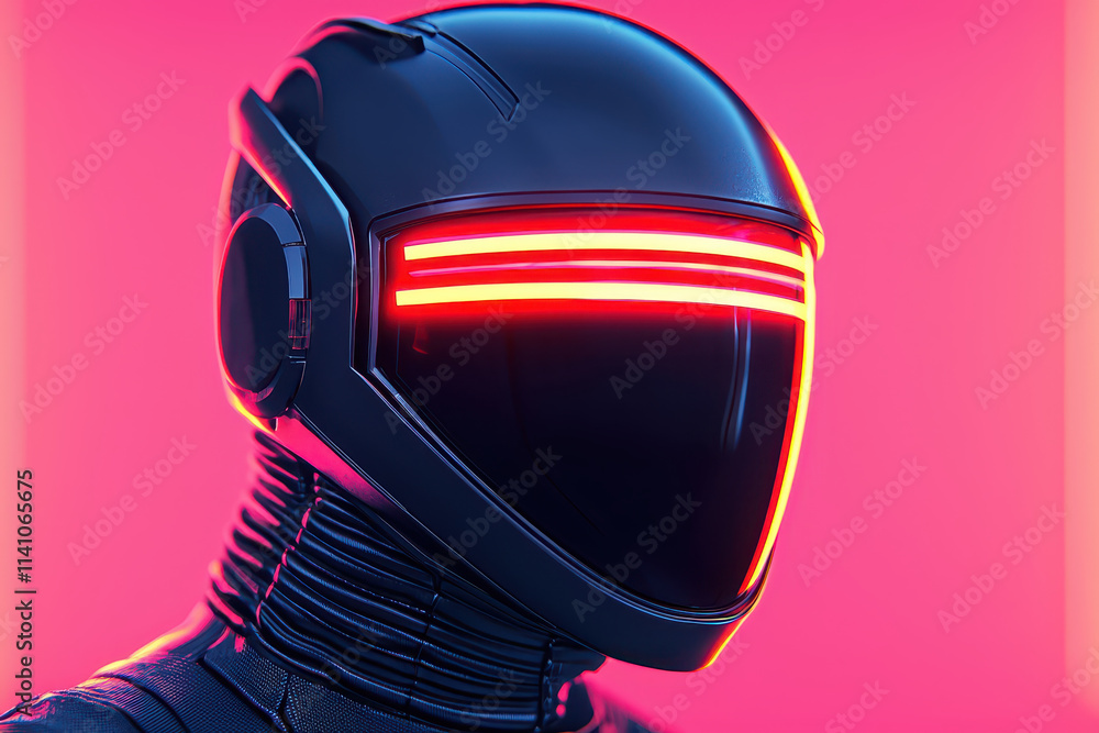 Fototapeta premium futuristic helmet with glowing red lights against vibrant pink background