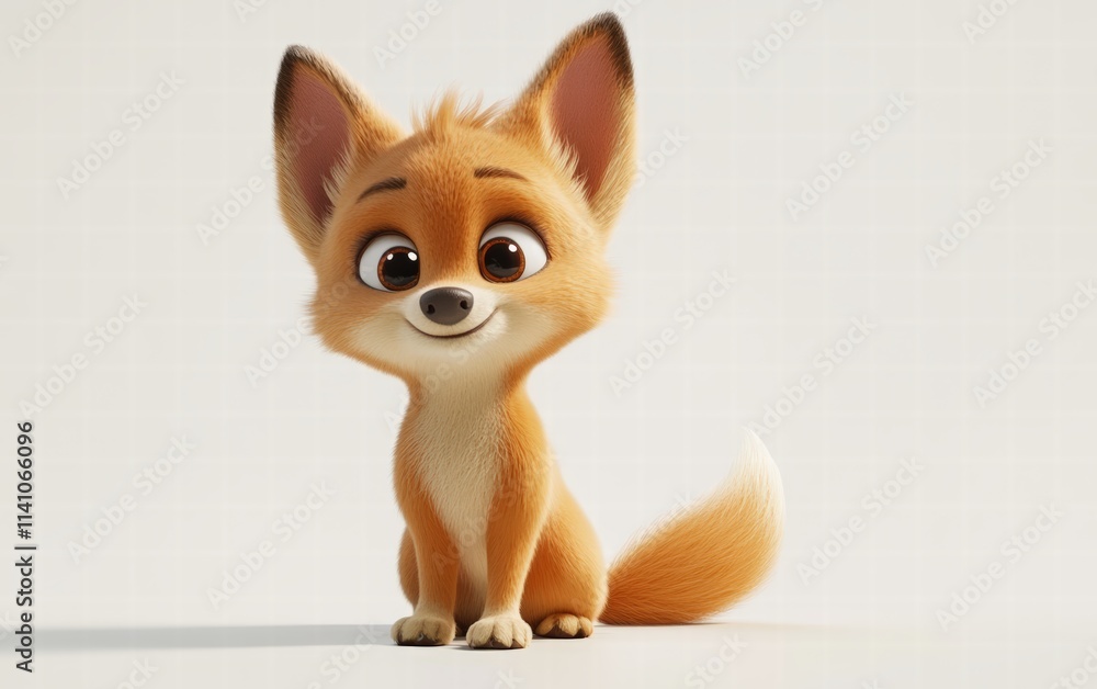 Obraz premium A 3D dog cub sitting with playful features, oversized expressive eyes, and a fluffy tail on a bright white background