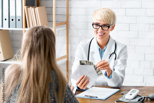 Doctor takes money. Smiling woman in white coat counts money from patient in office photo