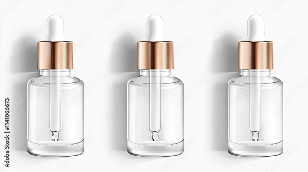 Three clear glass dropper bottles with gold caps, typically used for serums or oils. Three clear glass dropper bottles with gold caps, typically used for serums or oils.