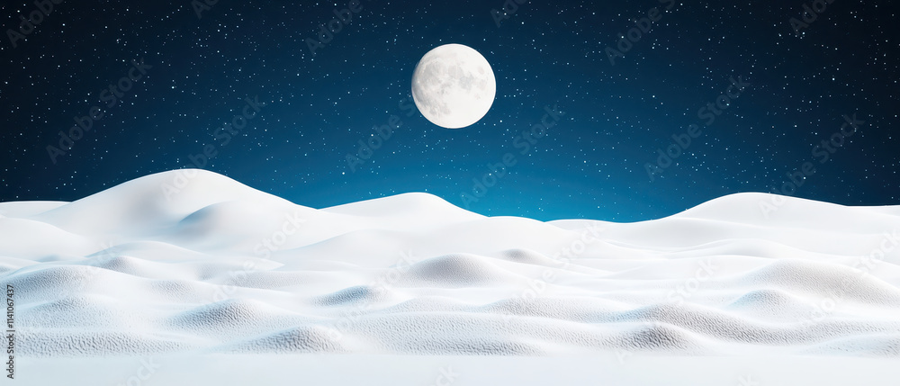 Naklejka premium surreal snow covered valley under bright moon and starry sky