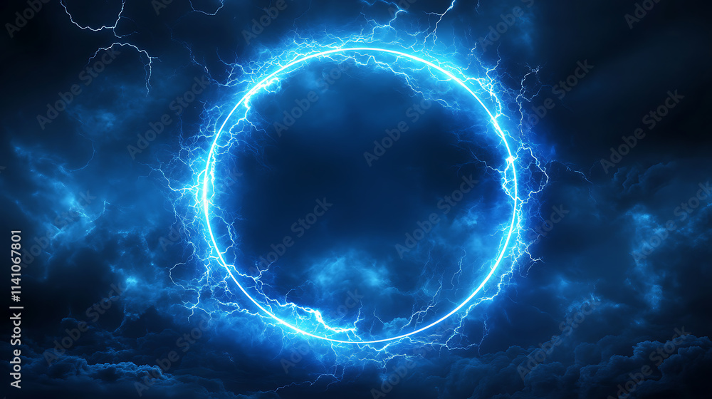 Abstract blue neon light background with a glowing circular frame and thunder glow effect Abstract blue neon light background with a glowing circular frame and thunder glow effect