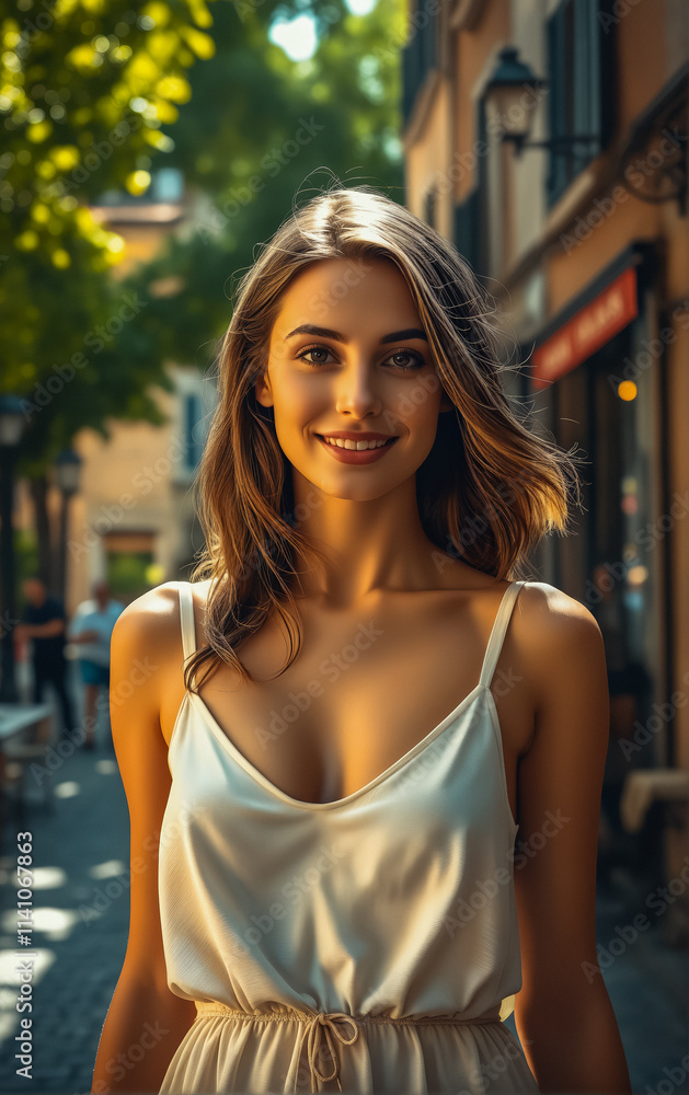 A beautiful young woman in an elegant summer dress walks along a lively city street, surrounded by sunlight and urban charm. A beautiful young woman in an elegant summer dress walks along a lively city street, surrounded by sunlight and urban charm.