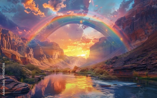 glowing rainbow bridge arching over a vast canyon photo