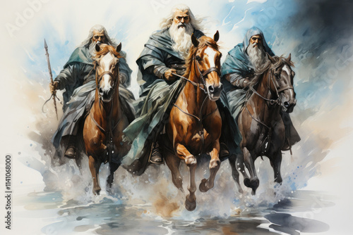 three warriors on horses galloping across the water. All three horsemen wear long robes and have long gray beards, giving them the appearance of wise and experienced warriors.   photo