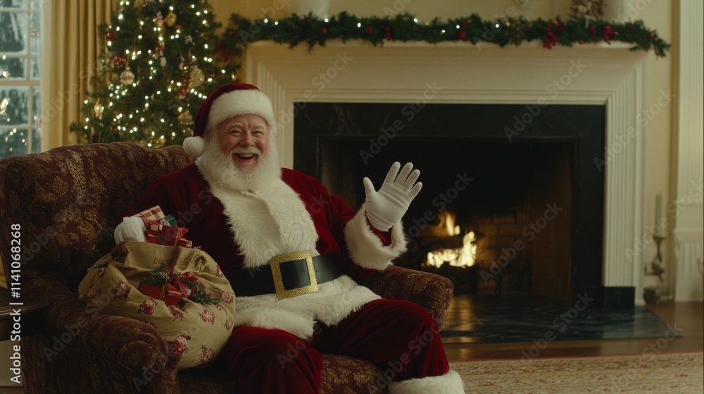 Obraz premium Santa Claus waves happily near a roaring fireplace, with a large red sack of presents by his side, beside a brightly lit Christmas tree in a cozy wooden cabin.