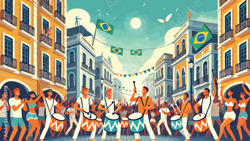 A group of samba drummers energetically playing traditional rhythms in the middle of a packed Rio Street, with people cheering and dancing around them, all under a brilliant blue sky photo