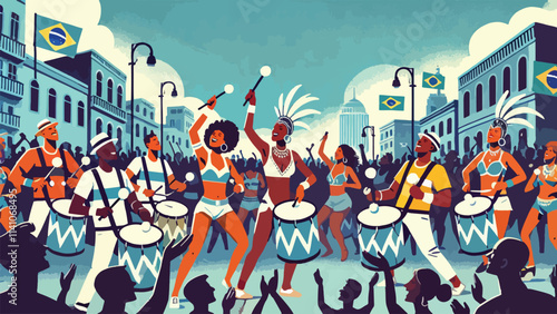 A group of samba drummers energetically playing traditional rhythms in the middle of a packed Rio Street, with people cheering and dancing around them, all under a brilliant blue sky