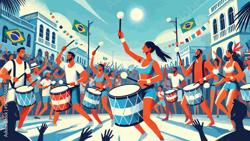A group of samba drummers energetically playing traditional rhythms in the middle of a packed Rio Street, with people cheering and dancing around them, all under a brilliant blue sky