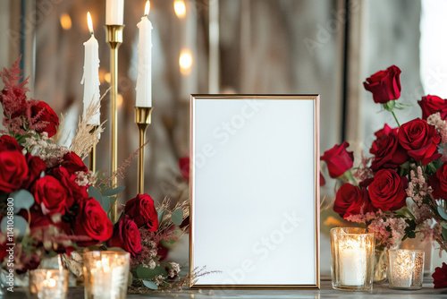 Blank card mock up in a gold frame on the table decorated with red roses and candles photo