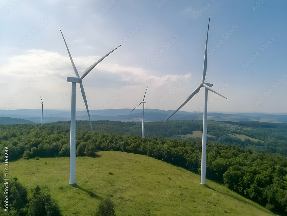 Aerial view of wind turbines on a hilltop amidst lush green forest and blue sky. Aerial view of wind turbines on a hilltop amidst lush green forest and blue sky.