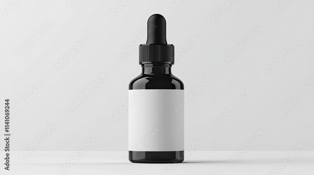 A black dropper bottle with a blank label, suitable for various liquids or serums. A black dropper bottle with a blank label, suitable for various liquids or serums.
