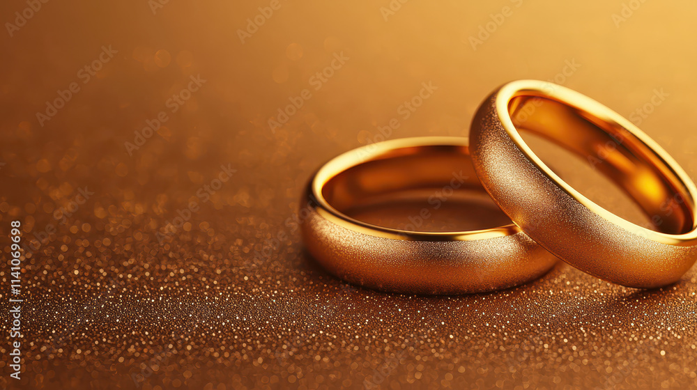 Golden wedding rings on sparkling surface, symbolizing love and commitment Golden wedding rings on sparkling surface, symbolizing love and commitment