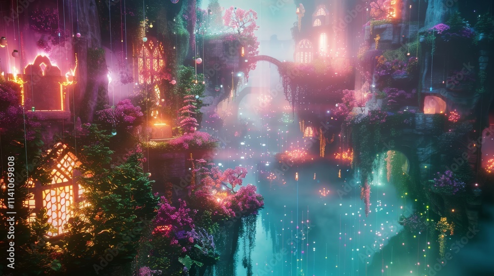 A whimsical scene of a surreal floating city with glowing pastel buildings A whimsical scene of a surreal floating city with glowing pastel buildings