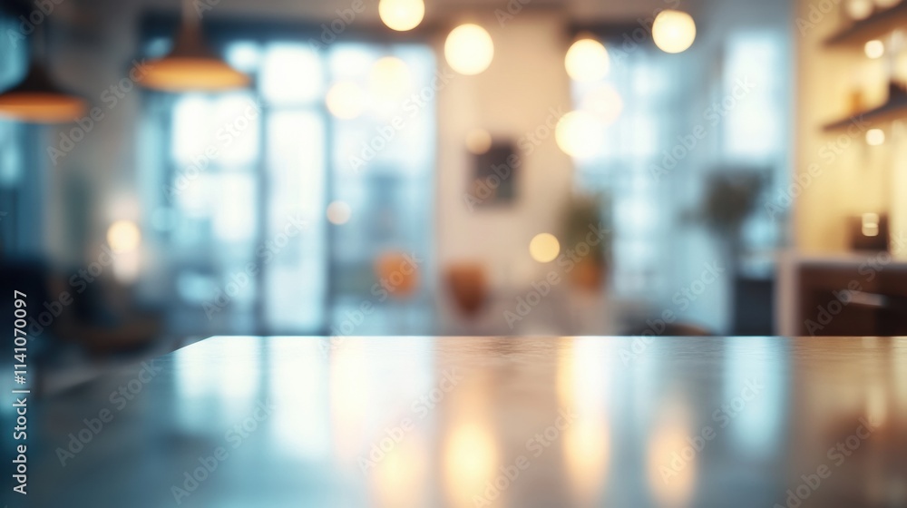 Blurred interior of a modern cafe with warm lighting and a focus on a table surface. Blurred interior of a modern cafe with warm lighting and a focus on a table surface.