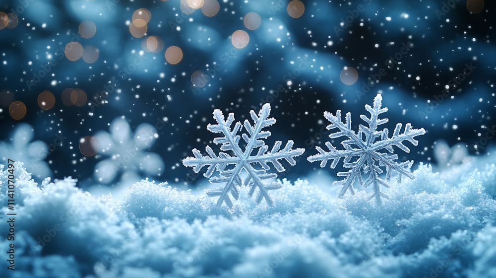 christmas background with snowflakes, snowflake on the snow, snow covered trees christmas background with snowflakes, snowflake on the snow, snow covered trees
