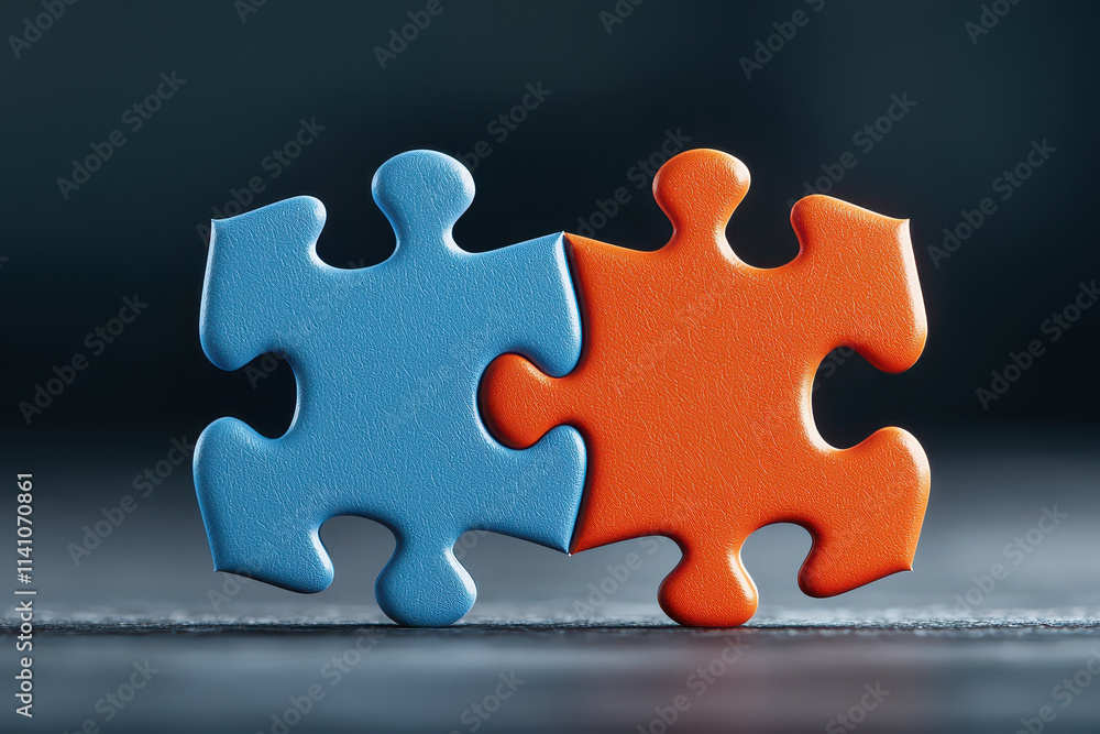 Fototapeta premium Colorful puzzle pieces in blue and orange connect, symbolizing unity and creativity