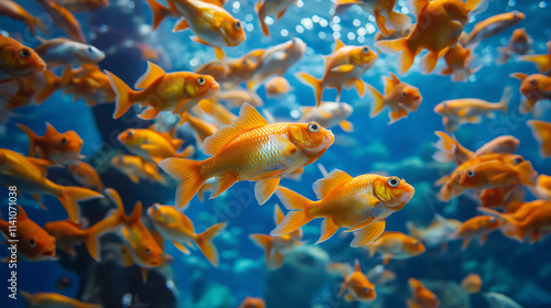 Vibrant Goldfish Swimming in a Clear Blue Aquarium. Orange fish