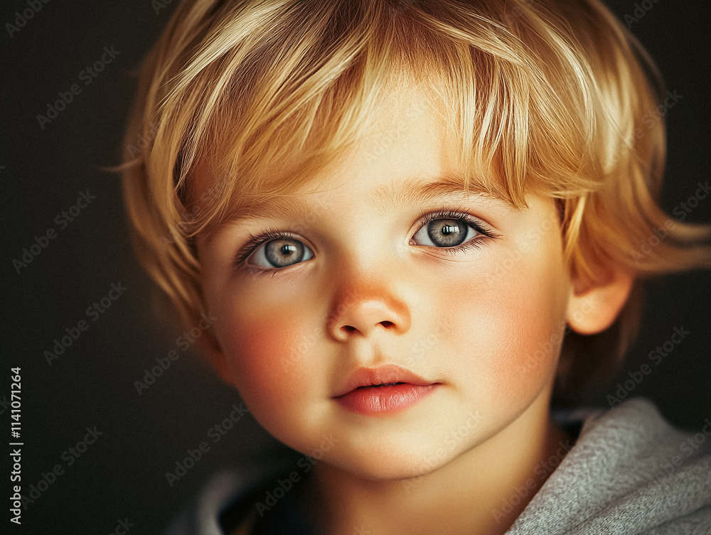 Sweet blond boy soft curls calm expression. Childhood, emotional portrait, family concepts Sweet blond boy soft curls calm expression. Childhood, emotional portrait, family concepts