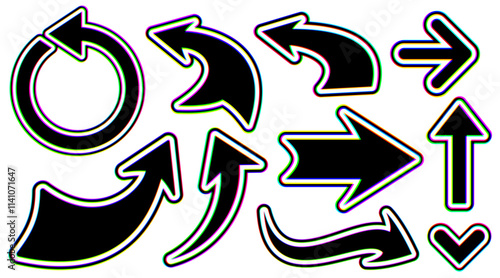 Collection of bold glitch-style arrows featuring vibrant distortion effects. Vector illustration ideal for tech and creative designs.