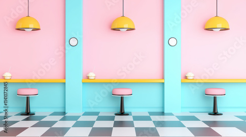 vibrant pastel diner interior with pink and blue walls, yellow accents, and stylish seating creates cheerful atmosphere