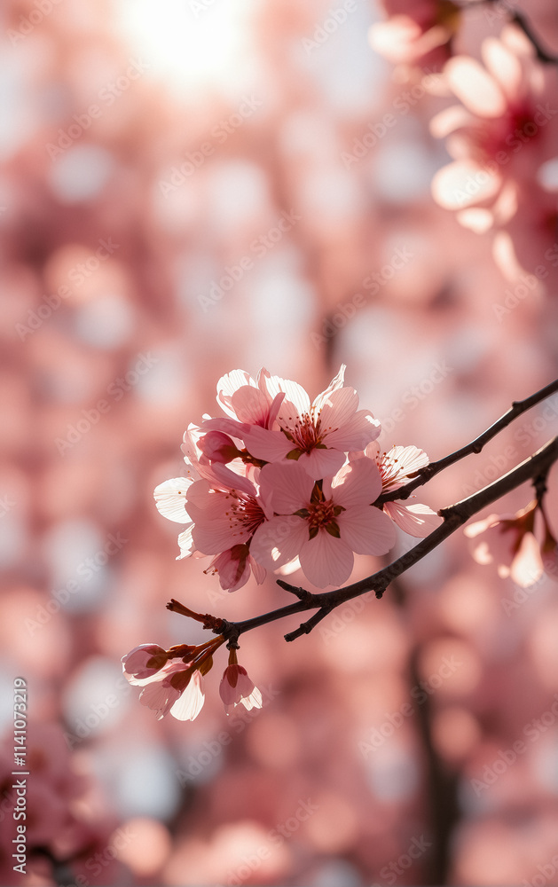 Delicate pink cherry blossoms bloom on a tree branch, softly illuminated against a blurred background. Delicate pink cherry blossoms bloom on a tree branch, softly illuminated against a blurred background.