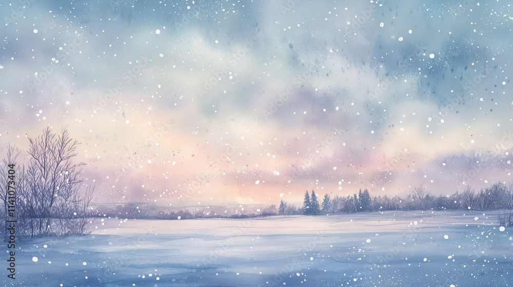 Winter watercolor landscape with falling snow, trees, and soft pastel colors in the sky, copy space Winter watercolor landscape with falling snow, trees, and soft pastel colors in the sky, copy space