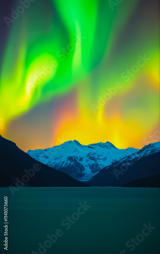 Vivid northern lights dance across the night sky above snow-capped mountains and a calm lake, creating a magical scene. photo