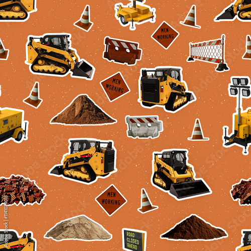 Seamless Construction Pattern with Compact Track Loaders – Heavy Machinery, Earthmoving Equipment on Dark Background