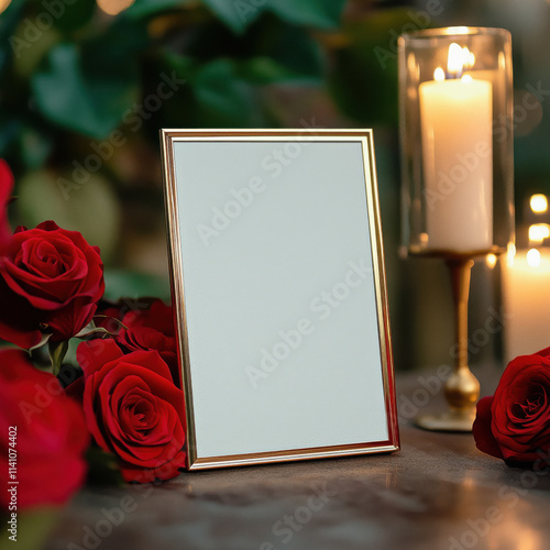 Blank card mock up in a gold frame on the table decorated with red roses and candles photo