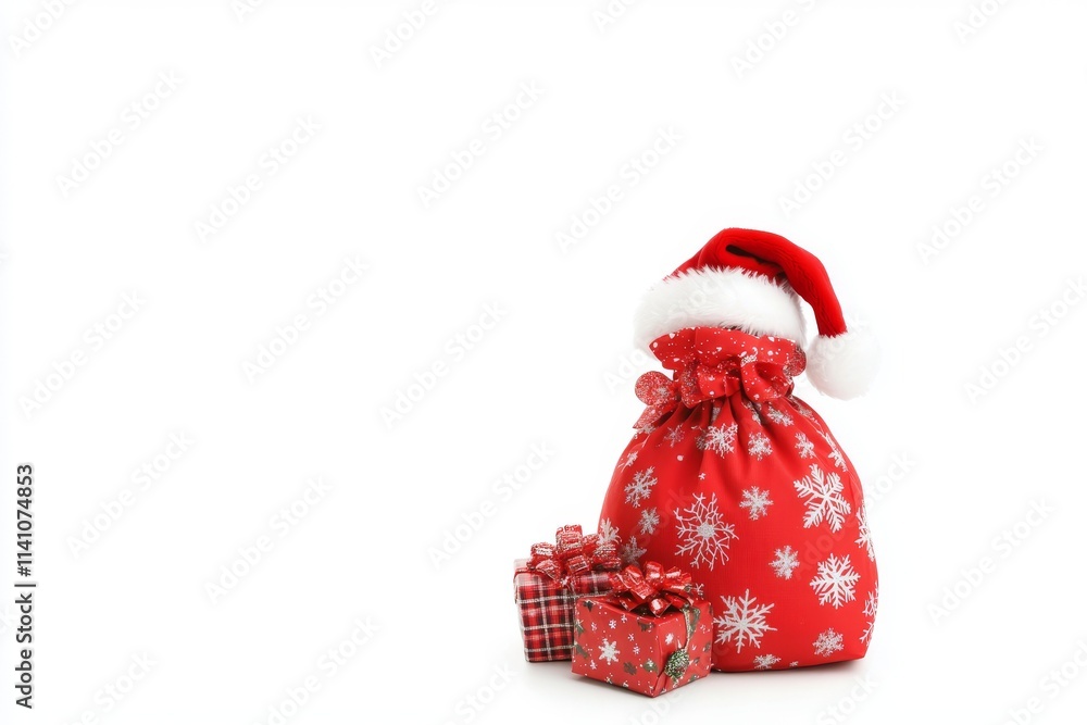 Isolated red open Santa bag filled with gifts on a white background. A festive Christmas accessory..A Santa bag, red and open with gifts inside, stands out against a white backdrop. Perfect Christmas Isolated red open Santa bag filled with gifts on a white background. A festive Christmas accessory..A Santa bag, red and open with gifts inside, stands out against a white backdrop. Perfect Christmas