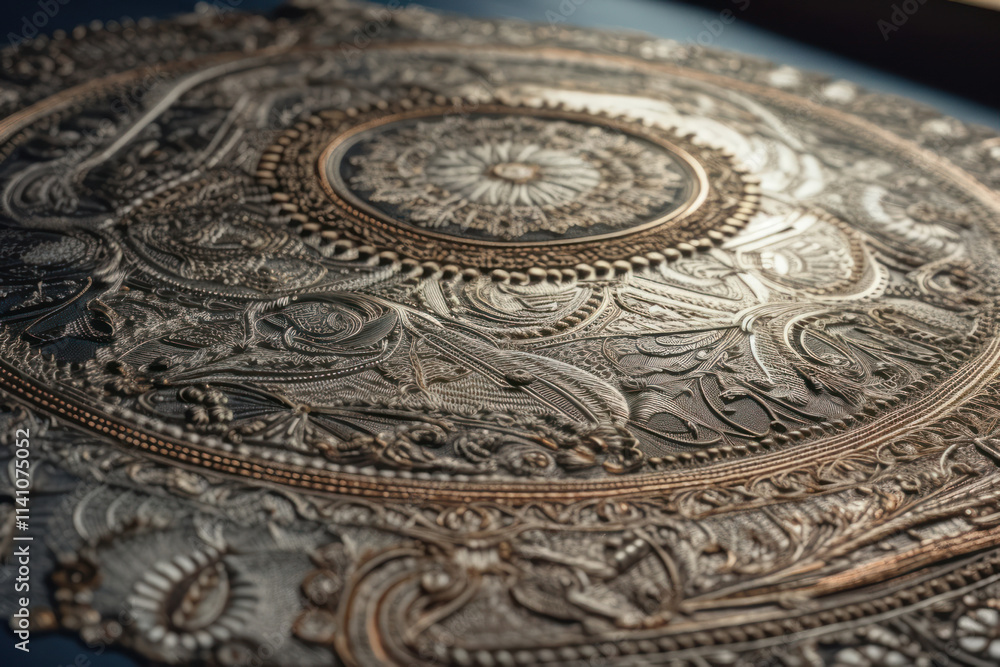Fototapeta premium detailed pattern made using engraving technique. The composition is a complex ornament, including many elements and decorative motifs arranged in a circle 