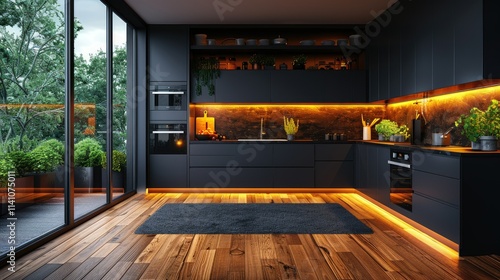 Wallpaper Mural Modern kitchen with sleek design, warm lighting, and greenery. Torontodigital.ca