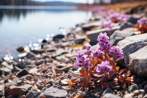 vibrant color lake is encompassed by untouched beauty of Arctic tundra, featuring snow-covered scenery, crystal-clear water, and a feeling of seclusion and untaintedness photo