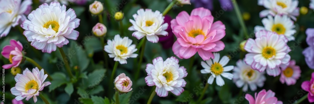 Close-up of beautiful pink and white ranunculus flowers blooming in a garden, close-up, vibrant, garden Close-up of beautiful pink and white ranunculus flowers blooming in a garden, close-up, vibrant, garden