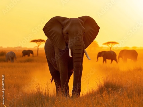 Elephant Walking Through a Golden Savanna During Sunset