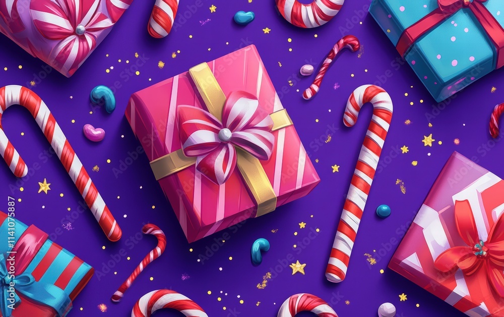 Obraz premium A colorful festive design with oversized candy canes, wrapped gifts, and sparkling glitter on a bold purple background