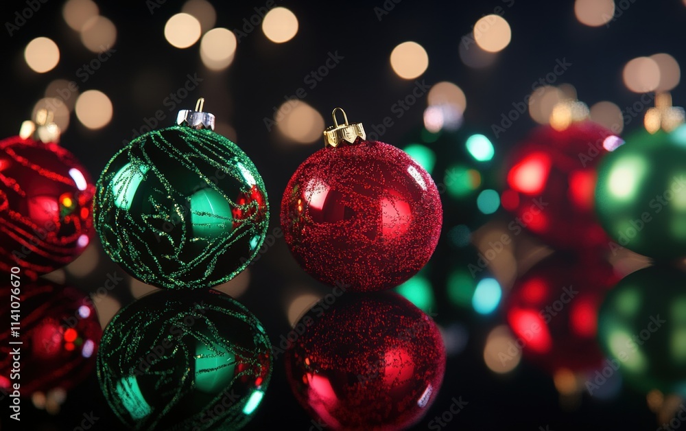 A vibrant holiday backdrop with bold red and green LED-lit ornaments arranged dynamically on a sleek black background A vibrant holiday backdrop with bold red and green LED-lit ornaments arranged dynamically on a sleek black background