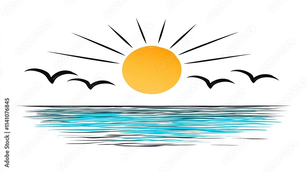 Obraz premium A stylized sunset over the ocean with birds flying, evoking tranquility and nature.