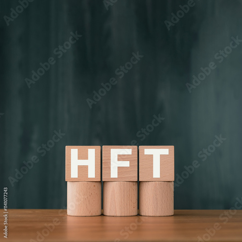 There is wood cube with the word HFT. It is an abbreviation for High Frequency Trade as eye-catching image. photo