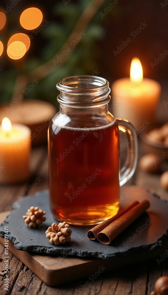custom made wallpaper toronto digitalGlass jar with maple syrup, cinnamon, walnuts, and glowing candles.Winter warmth, holiday decor, cozy atmosphere, syrup setup, festive mood, promotional use, seasonal marketing.
