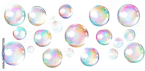 3D iridescent holographic fluid bubbles floating against a white backdrop