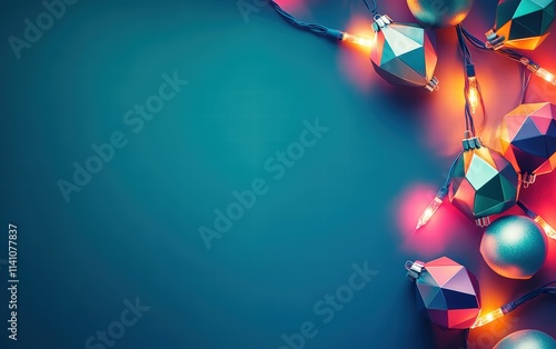 A vibrant holiday background with bold geometric ornaments and colorful LED lights on a deep teal surface photo