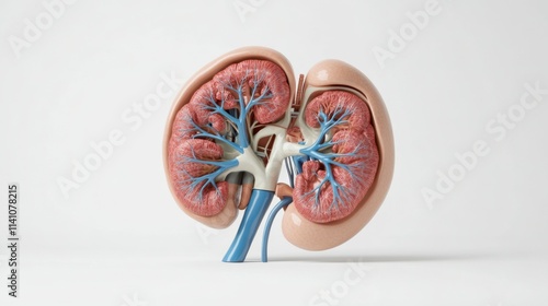 This 3D model presents a human kidney with intricate details of the renal cortex, medulla, and ureter. Soft lighting enhances the precision of its anatomical features photo