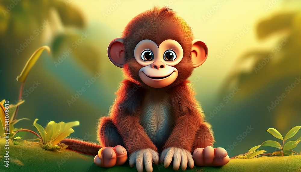 Fototapeta premium Cute monkey cartoon sitting. Generated image