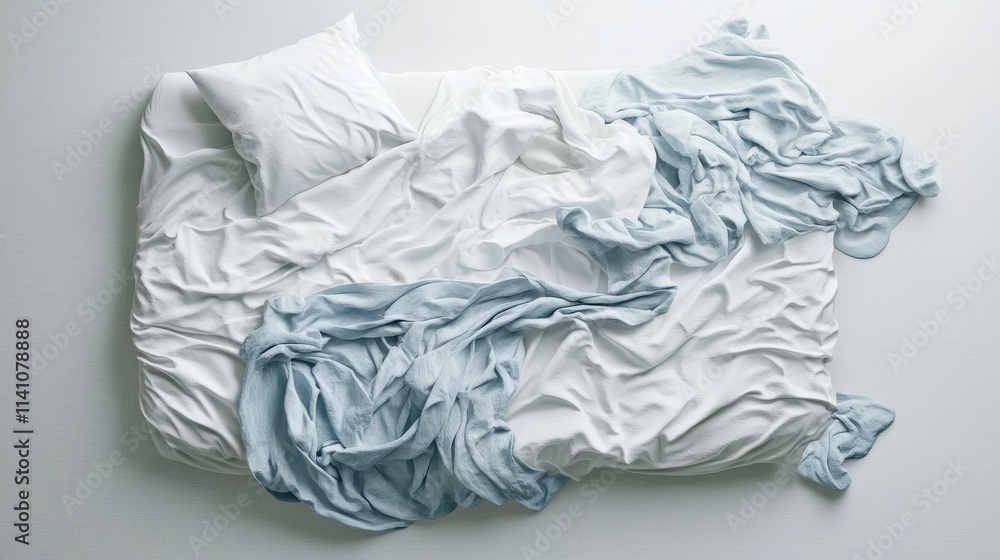 Fototapeta premium A top-down view of a clean white bed mockup isolated on a white backdrop, featuring an empty blanket and pillows in the bed frame.