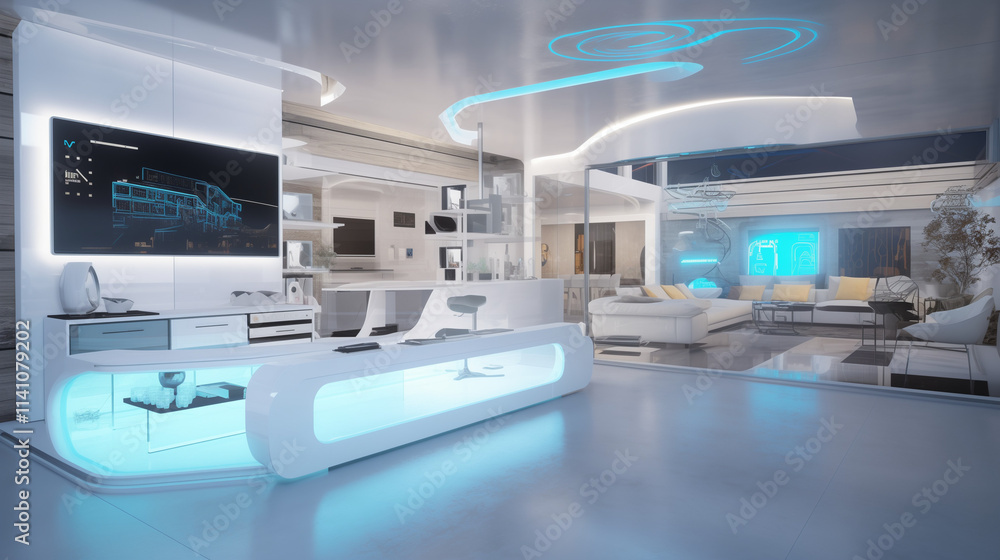 Sleek, white futuristic living space showcasing integrated smart technology, ambient lighting, and minimalist furniture. A large screen displays interactive data. Sleek, white futuristic living space showcasing integrated smart technology, ambient lighting, and minimalist furniture. A large screen displays interactive data.