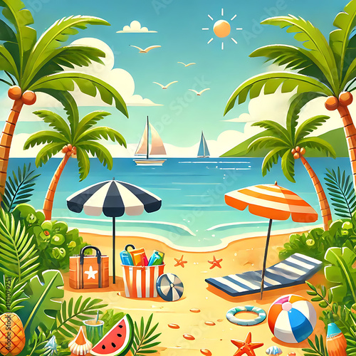 Illustration of Camping Tents Set Up Near the Beach
