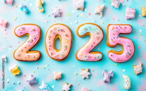 A creative 2025 design made of edible gingerbread cookie letters decorated with colorful icing on a pastel background photo