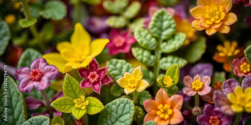 Vibrant purple flower petals and delicate leaves create a stunning contrast, foliage, organic, flora